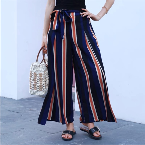 Pants - Stripped wide leg pants with belt